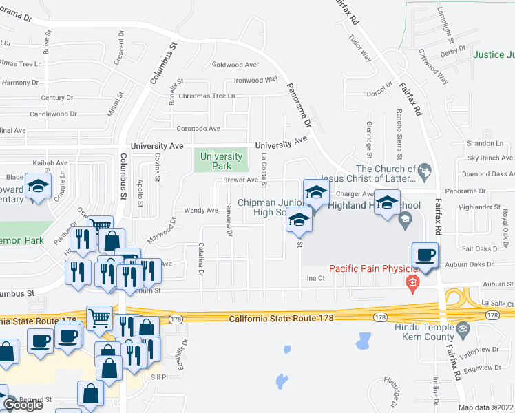 map of restaurants, bars, coffee shops, grocery stores, and more near 3108 La Costa Street in Bakersfield