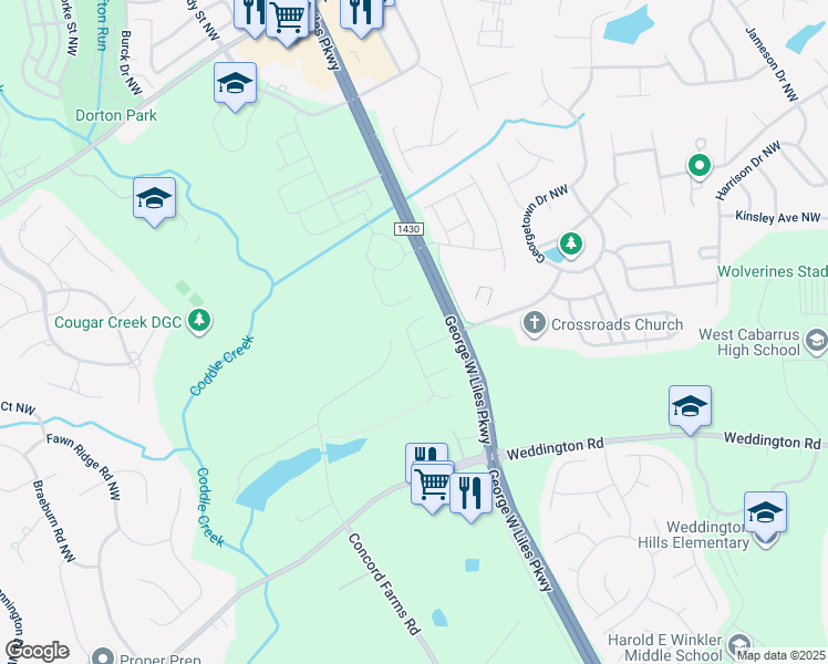 map of restaurants, bars, coffee shops, grocery stores, and more near 620 Weyburn Drive Northwest in Concord