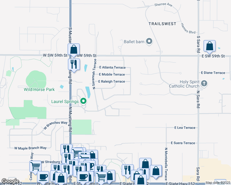 map of restaurants, bars, coffee shops, grocery stores, and more near 320 North Charlotte Terrace in Mustang