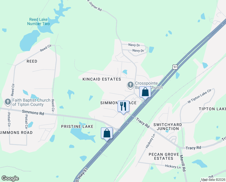 map of restaurants, bars, coffee shops, grocery stores, and more near 285 Blackhawk Cove in Munford