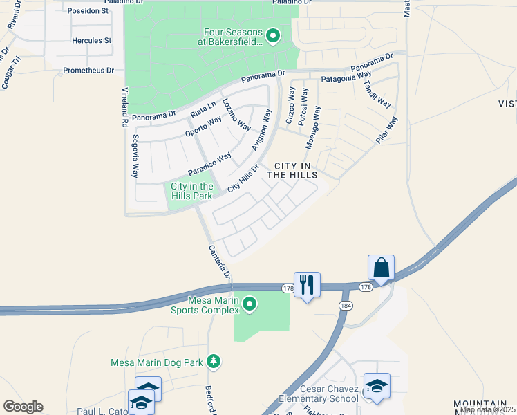 map of restaurants, bars, coffee shops, grocery stores, and more near 10400 Garden View Lane in Bakersfield