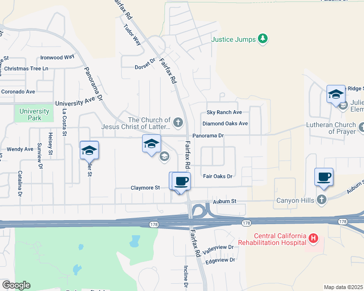 map of restaurants, bars, coffee shops, grocery stores, and more near 5300 Fairfax Road in Bakersfield