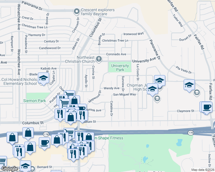 map of restaurants, bars, coffee shops, grocery stores, and more near 4217 Wendy Avenue in Bakersfield