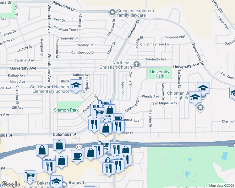 map of restaurants, bars, coffee shops, grocery stores, and more near 3815 Columbus Street in Bakersfield