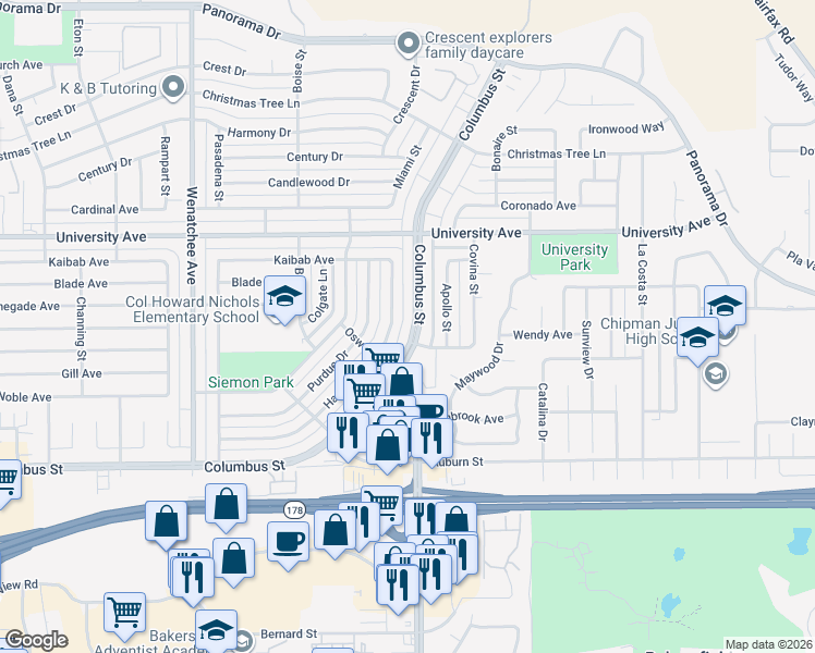 map of restaurants, bars, coffee shops, grocery stores, and more near 3815 Columbus Street in Bakersfield