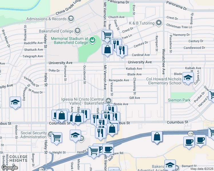map of restaurants, bars, coffee shops, grocery stores, and more near 2400 San Pablo Avenue in Bakersfield