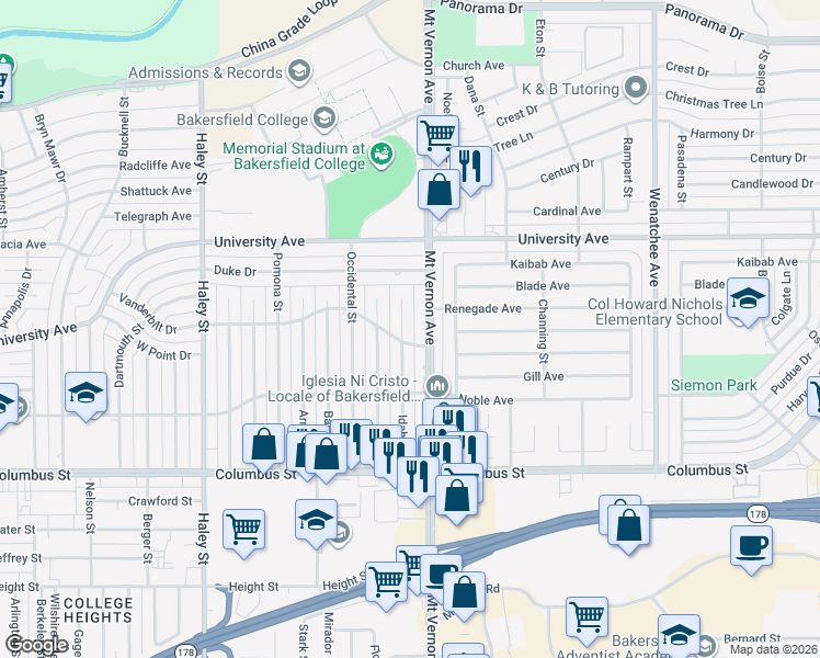 map of restaurants, bars, coffee shops, grocery stores, and more near 3012 Mount Vernon Avenue in Bakersfield