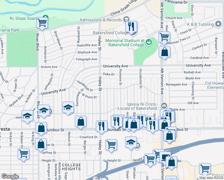 map of restaurants, bars, coffee shops, grocery stores, and more near 3101 Hollins Street in Bakersfield
