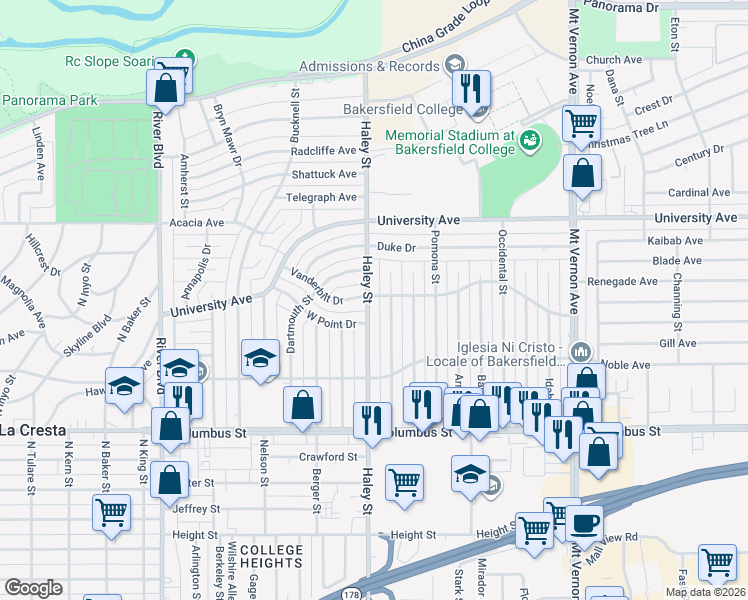 map of restaurants, bars, coffee shops, grocery stores, and more near 3104 Cornell Street in Bakersfield