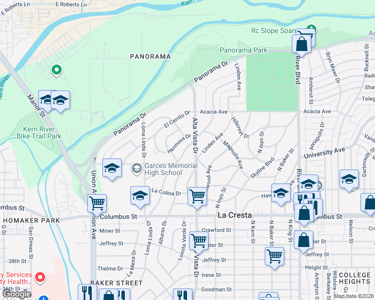 map of restaurants, bars, coffee shops, grocery stores, and more near 2905 La Cresta Drive in Bakersfield