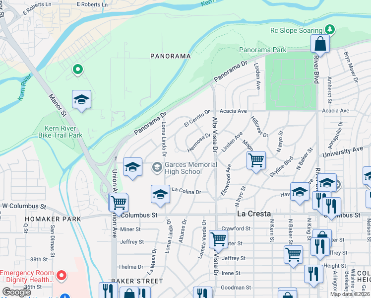 map of restaurants, bars, coffee shops, grocery stores, and more near 232 Monte Vista Drive in Bakersfield