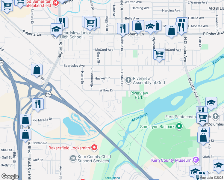 map of restaurants, bars, coffee shops, grocery stores, and more near 539 Willow Drive in Bakersfield