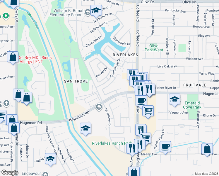 map of restaurants, bars, coffee shops, grocery stores, and more near 8510 Rockport Drive in Bakersfield