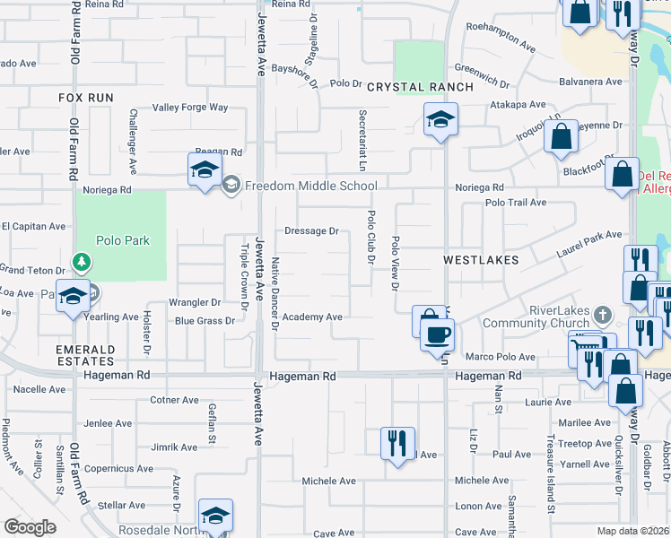 map of restaurants, bars, coffee shops, grocery stores, and more near 10906 Accolade Court in Bakersfield