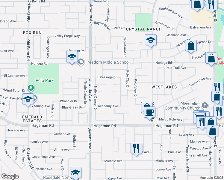 map of restaurants, bars, coffee shops, grocery stores, and more near 10906 Accolade Court in Bakersfield