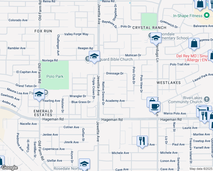 map of restaurants, bars, coffee shops, grocery stores, and more near 11119 Oaktrail Court in Bakersfield
