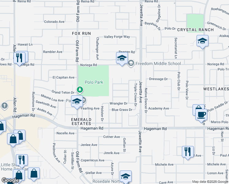map of restaurants, bars, coffee shops, grocery stores, and more near 11609 Bay Meadows Lane in Bakersfield