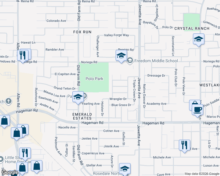 map of restaurants, bars, coffee shops, grocery stores, and more near 11609 Bay Meadows Lane in Bakersfield