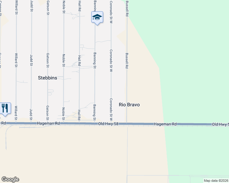 map of restaurants, bars, coffee shops, grocery stores, and more near 4550 Coronado Street West in Bakersfield