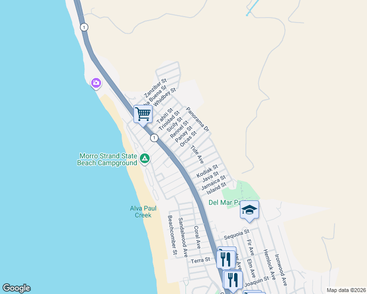 map of restaurants, bars, coffee shops, grocery stores, and more near 3210 Main Street in Morro Bay