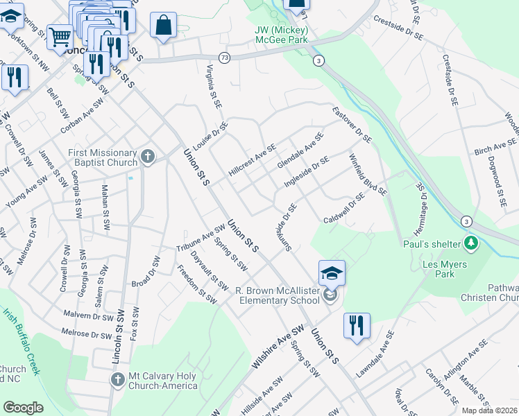 map of restaurants, bars, coffee shops, grocery stores, and more near 367 Sunset Drive Southeast in Concord