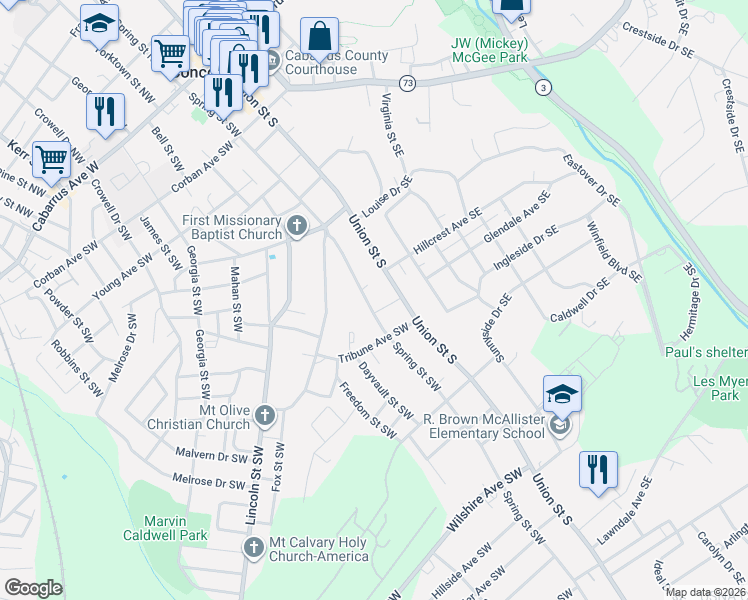 map of restaurants, bars, coffee shops, grocery stores, and more near 331 Spring Street Southwest in Concord