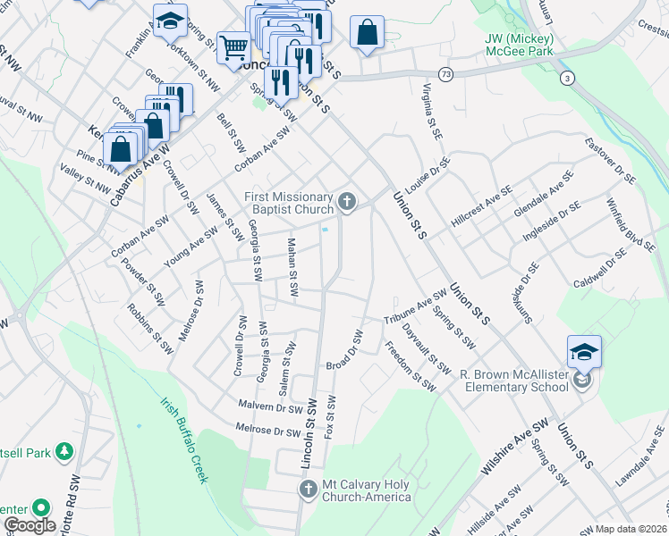 map of restaurants, bars, coffee shops, grocery stores, and more near 241 Tournament Drive Southwest in Concord