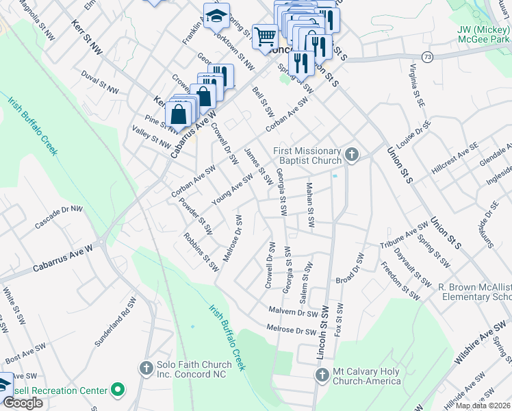 map of restaurants, bars, coffee shops, grocery stores, and more near 153 Melrose Drive Southwest in Concord