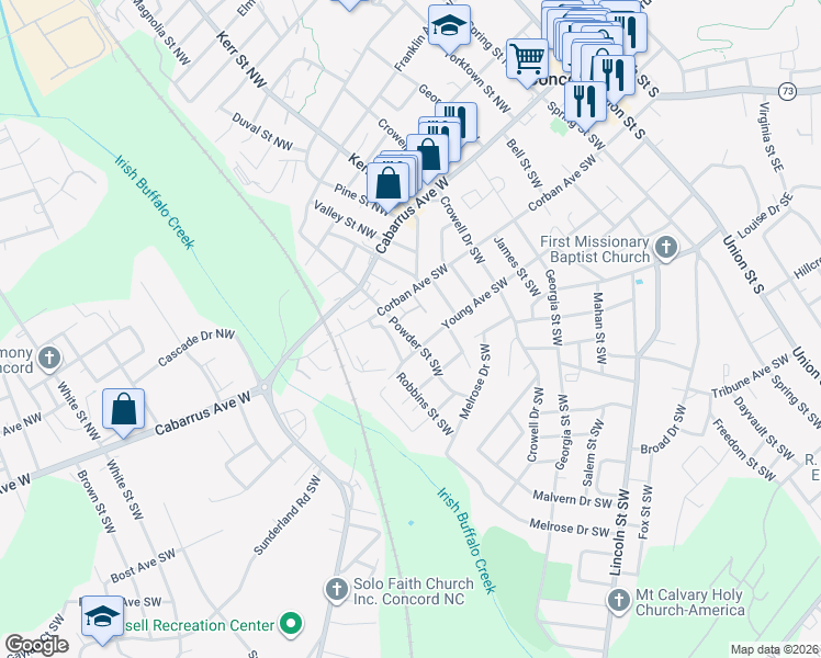 map of restaurants, bars, coffee shops, grocery stores, and more near 290 Young Avenue Southwest in Concord