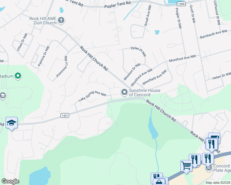map of restaurants, bars, coffee shops, grocery stores, and more near 3661 Lake Spring Avenue Northwest in Concord