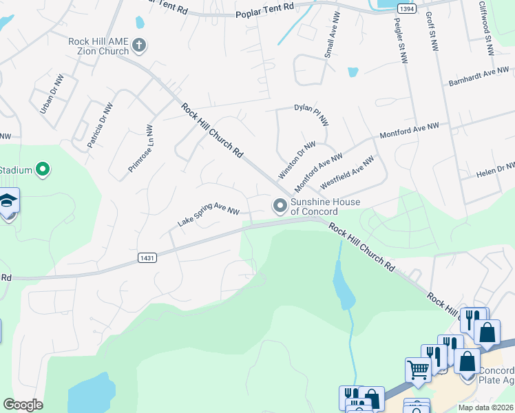 map of restaurants, bars, coffee shops, grocery stores, and more near 3661 Lake Spring Avenue Northwest in Concord