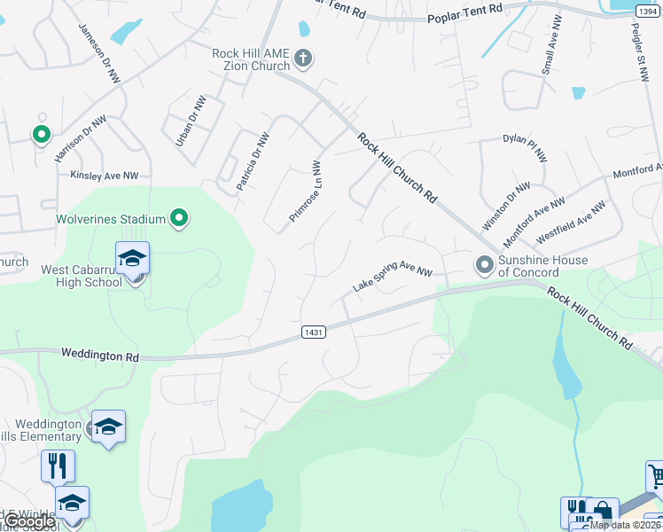 map of restaurants, bars, coffee shops, grocery stores, and more near 3887 Meadow Ridge Drive Northwest in Concord
