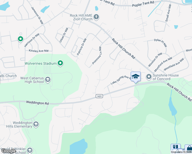 map of restaurants, bars, coffee shops, grocery stores, and more near 3899 Meadow Ridge Court Northwest in Concord