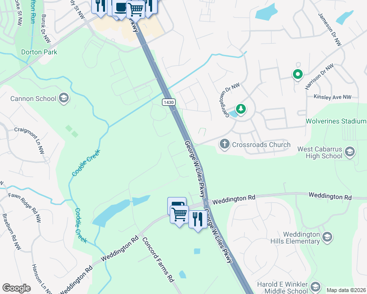 map of restaurants, bars, coffee shops, grocery stores, and more near 2505 Province Drive Northwest in Concord