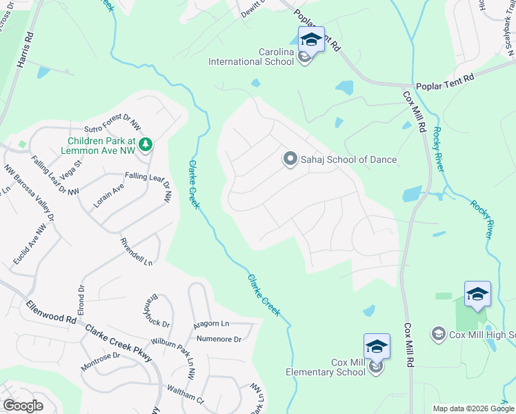 map of restaurants, bars, coffee shops, grocery stores, and more near 9653 Garamont Parkway Northwest in Concord