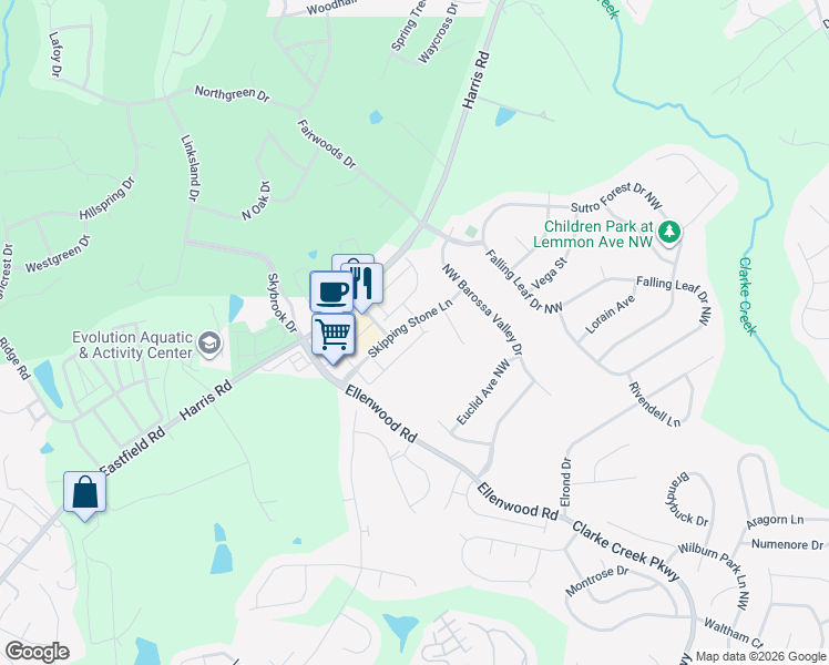 map of restaurants, bars, coffee shops, grocery stores, and more near 11080 J. C. Murray Drive Northwest in Concord