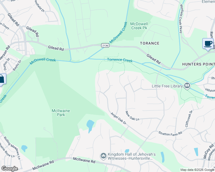 map of restaurants, bars, coffee shops, grocery stores, and more near 8517 Tatebrook Lane in Huntersville