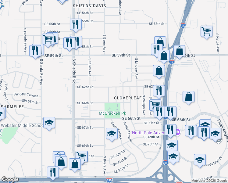 map of restaurants, bars, coffee shops, grocery stores, and more near 6404 South Byers Avenue in Oklahoma City