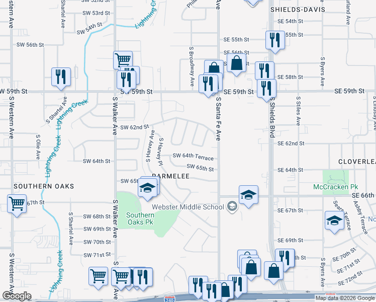 map of restaurants, bars, coffee shops, grocery stores, and more near 104 Southwest 64th Terrace in Oklahoma City