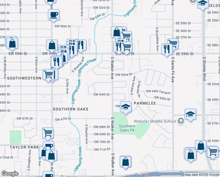 map of restaurants, bars, coffee shops, grocery stores, and more near 433 Southwest 64th Street in Oklahoma City