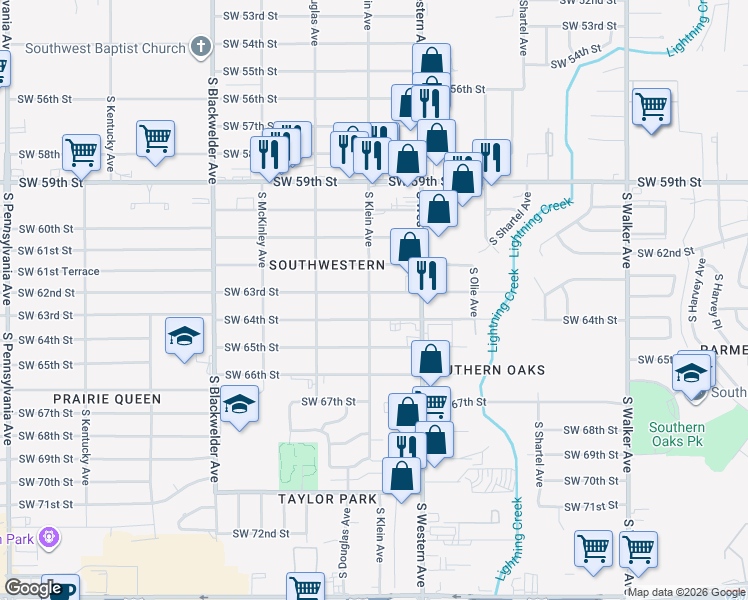 map of restaurants, bars, coffee shops, grocery stores, and more near 929 Southwest 64th Street in Oklahoma City