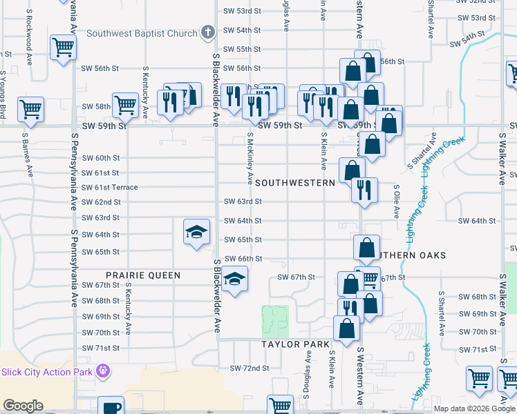 map of restaurants, bars, coffee shops, grocery stores, and more near 1117 Southwest 64th Street in Oklahoma City