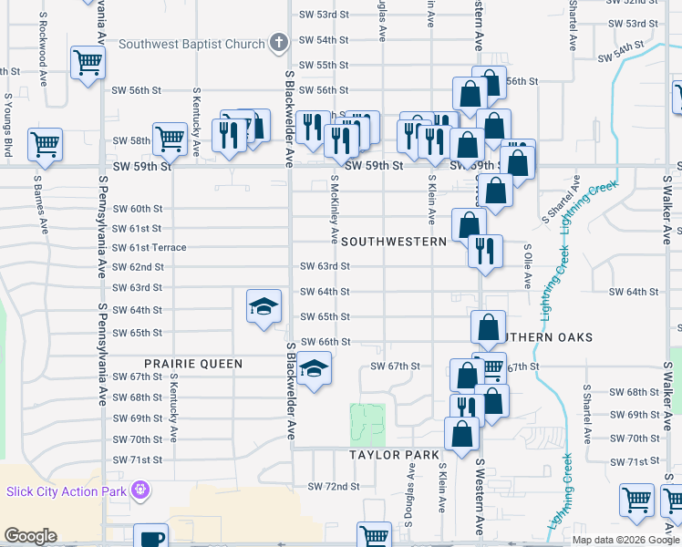 map of restaurants, bars, coffee shops, grocery stores, and more near 1117 Southwest 64th Street in Oklahoma City