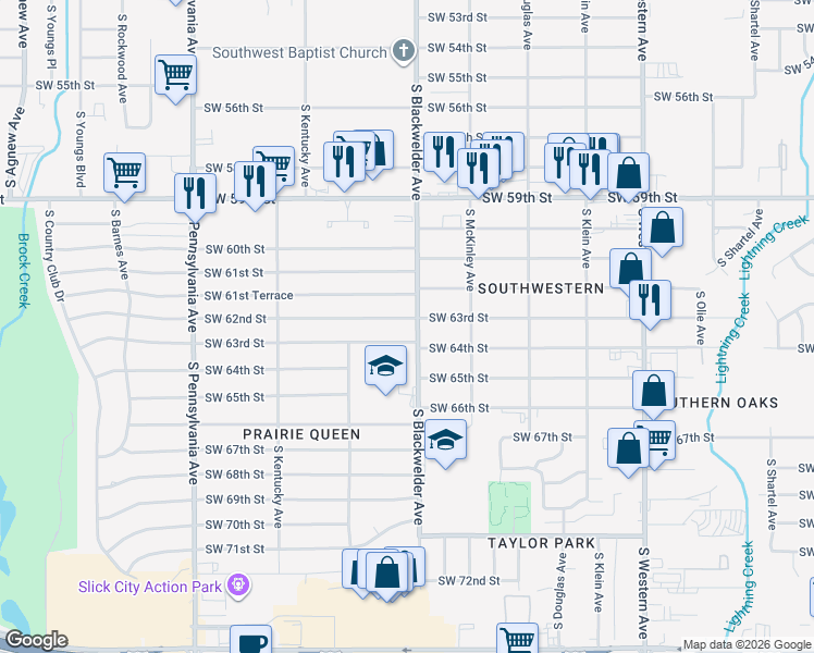 map of restaurants, bars, coffee shops, grocery stores, and more near 1239 Southwest 64th Street in Oklahoma City