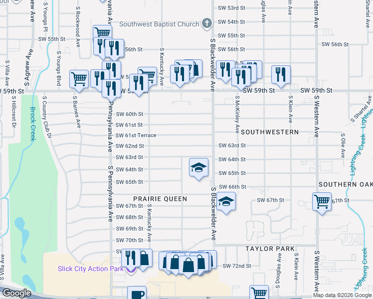 map of restaurants, bars, coffee shops, grocery stores, and more near 1400 Southwest 63rd Street in Oklahoma City