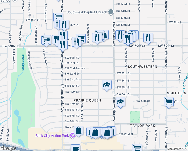 map of restaurants, bars, coffee shops, grocery stores, and more near 1400 Southwest 63rd Street in Oklahoma City