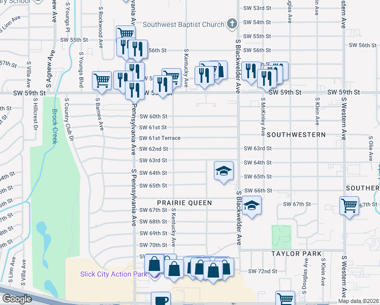 map of restaurants, bars, coffee shops, grocery stores, and more near 1432 Southwest 63rd Street in Oklahoma City