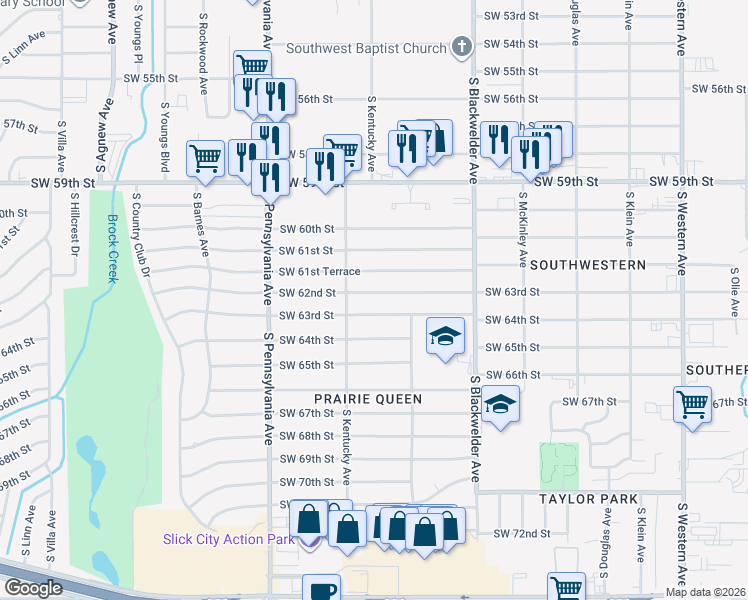 map of restaurants, bars, coffee shops, grocery stores, and more near 1432 Southwest 63rd Street in Oklahoma City