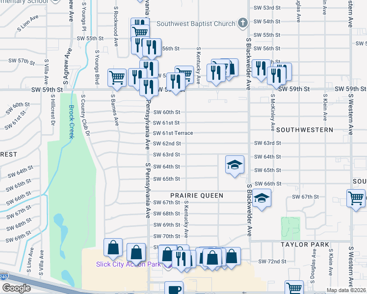 map of restaurants, bars, coffee shops, grocery stores, and more near 1504 Southwest 63rd Street in Oklahoma City