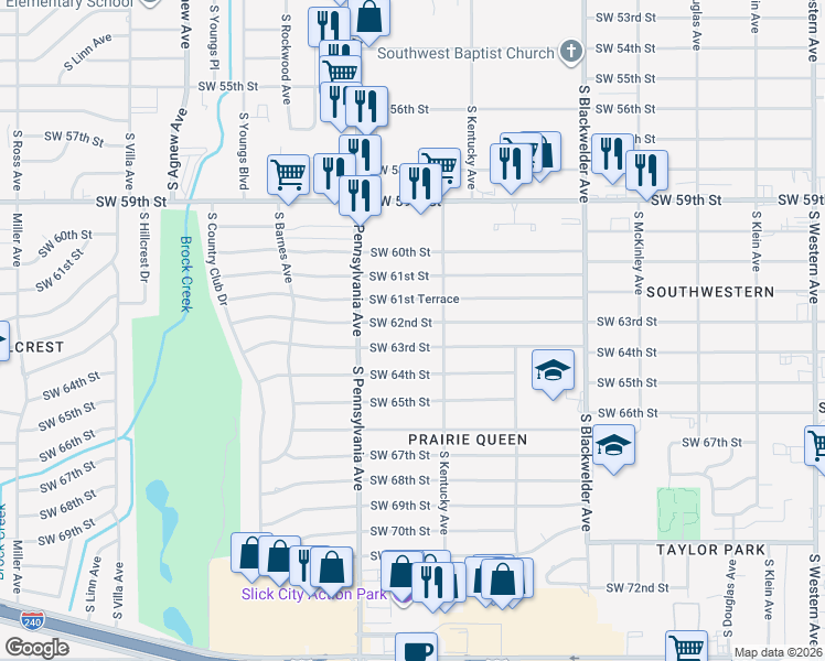 map of restaurants, bars, coffee shops, grocery stores, and more near 1604 Southwest 63rd Street in Oklahoma City